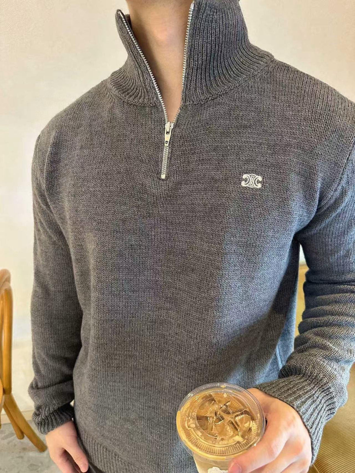 Celine Logo-Embroidered Wool & Cashmere Blend Half Zip Grey